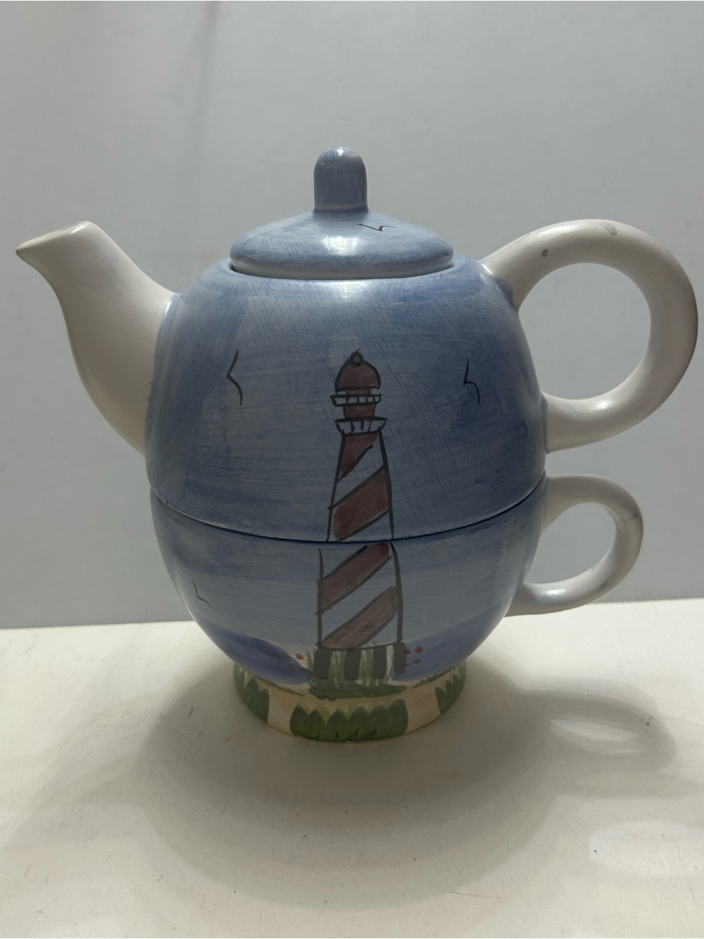 Nantucket Stacking Teapot & Cup Hand-Painted Lighthouse Ceramic Tea for One